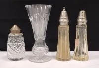 WATERFORD SHAKER, SALT AND PEPPER & BUD VASE