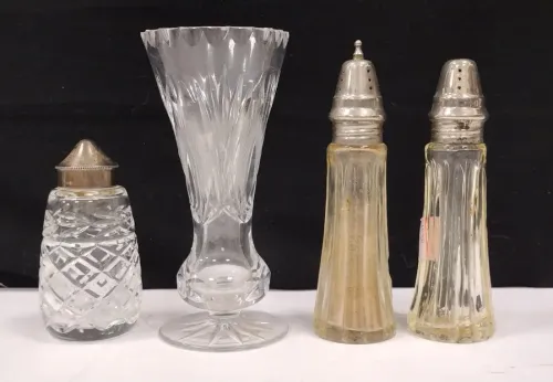 WATERFORD SHAKER, SALT AND PEPPER & BUD VASE
