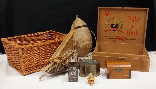 CIGAR BOX, WOOD BOAT, COCONUT "PURSE", BASKET AND MORE