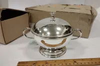 FIVE SILVER PLATE SOUP BOWLS WITH LIDS ORIGINAL BOX