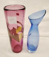TWO ART GLASS VASES, LARGER VASE HAS UNPOLISHED PONTIL 11.5" TALL