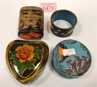 TWO TRINKET BOXES, CLOISONNE METAL NAPKIN RING, TIKI TOOTHPICK HOLDER