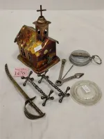 COLLECTIBLES: PIPE CLEANER, KNIFE RESTS, SWORD LETTER OPENER, MUSIC BOX