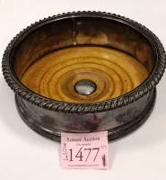 SILVER PLATE WINE BOTTLE HOLDER - WOOD BASE