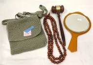 OLD NAVY WOVEN HANDBAG, WOODEN BEADS, GAVEL, OLD CELLULOID HAND MIRROR