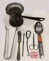 COLLECTIBLES: COPPER WASHED TIN SAUCE POT, CAMPING UTENSILS, TWO BOOT HOOKS AND MORE