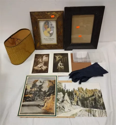 FRAMES, BLUE LEATHER GLOVES, OLD SMALL FRAME, CALENDAR PRINTS, RELIGIOUS PRINTS
