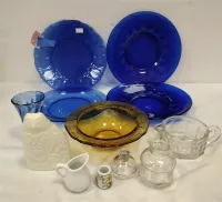 BLUE GLASS PLATES, BABY DISH, LENOX STYLE CAT AND MORE