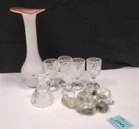 GLASS LOT, CASED VASE, BYRDS GLASS STEMS & BELL, AND GLASS FISH TANK ROCKS 