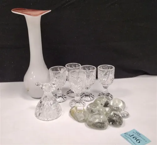 GLASS LOT, CASED VASE, BYRDS GLASS STEMS & BELL, AND GLASS FISH TANK ROCKS 