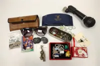COLLECTIBLES: FOREIGN COINS, GLASSES, WALTHAM WATCH BOX, FOREIGN COINS, POLISED ROCKS, CUB SCOUT TIE HOLDER, AND MORE