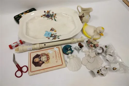 PORCELAIN PLATTER, CREAMER, FURLONG ANGELS, MINI BELLS, RECORDER, RUBBER DUCK, AND MORE