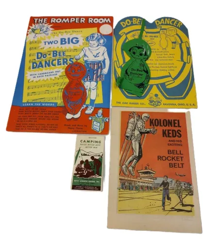 VINTAGE CHILDRENS ADVERTISERS: ROMPER ROOM DO-BEE, KEDS, POSTAL CAMPING STICKER  