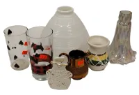 GLASS SHADES, TUMBLERS, SIOUX POTTERY, CREAMER