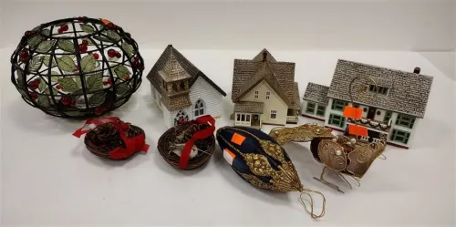 HOLIDAY BOX LOT - ORNAMENTS, HALLMARK HOUSES, CANDLE HOLDER AND MORE