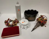 DECOR - METAL DISPLAY, CANDLE WREATHS, METAL BASE, OLD POTTERY BOTTLE