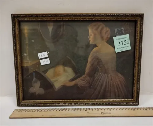 OLD PRINT OF MOTHER AND BABY IN CRADLE