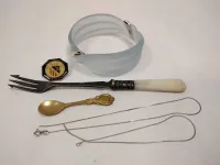 BROKEN STERLING CHAIN, PICKLE FORK, PLASTIC BRACELET AND MORE