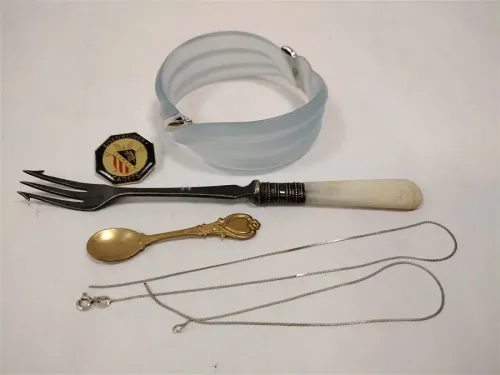 BROKEN STERLING CHAIN, PICKLE FORK, PLASTIC BRACELET AND MORE