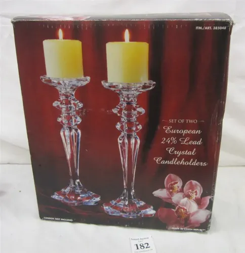 PAIR TALL OF CRYSTAL CANDLE HOLDERS