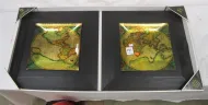 TWO NEW IN PACKAGE FRAMED ART GLASS PLATES OF ANTIQUE WORLD MAPS