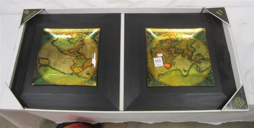 TWO NEW IN PACKAGE FRAMED ART GLASS PLATES OF ANTIQUE WORLD MAPS