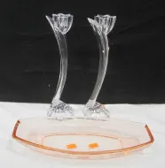 PINK ETCHED GLASS RELISH DISH, PAIR OF AUSTRIA CRYSTAL CANDLE HOLDERS