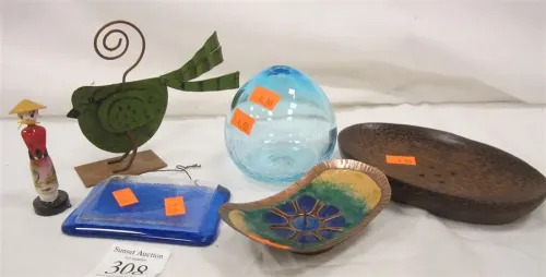 SOAP DISH, GLASS VASE, ENAMELED BRASS CANDLE HOLDER, TIN BIRD, PORCELAIN DOLL AND MORE