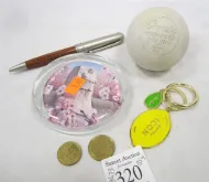 LACROSSE BALL, PAPERWEIGHT, KEY CHAIN, PEN, FOREIGN COINS