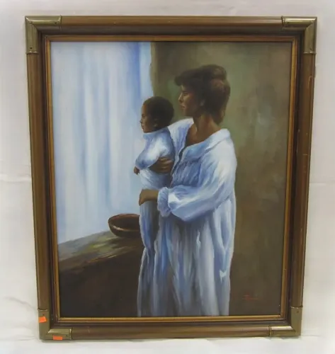 PAINTING ON CANVAS OF MOTHER AND CHILD SIGNED JOHNSON WITH FRAME