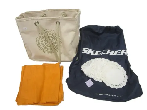 J JILL BAG, SKETCHERS BAG, DOILIES, LINEN NAPKINS
