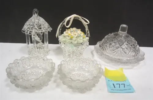 FIVE SMALL GLASS PIECES: HAND BLOWN AND PRESSED GLASS