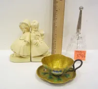 CHALKWARE BOOKENDS, ENAMELED AS IS TEACUP, AND GLASS BELL