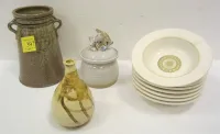 POTTERY VASE, METLOX BOWLS, SMALL VASE, SUGAR WITH FISH LID