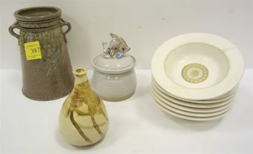POTTERY VASE, METLOX BOWLS, SMALL VASE, SUGAR WITH FISH LID