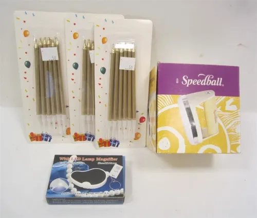 CANDLES, SPEEDBALL PRESS (PRINTING), MAGNIFIER KEY CHAIN