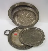 TWO LARGE SILVERPLATE SERVING TRAYS AND TWO MEAT TRAY