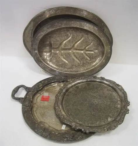 TWO LARGE SILVERPLATE SERVING TRAYS AND TWO MEAT TRAY