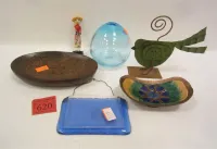 CRACKLE GLASS VASE, WOOD BOWL, METAL BIRD, ENAMELED METAL STAND