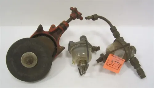 TWO GLASS FLOAT BOWLS AND OLD BENCH GRINDER