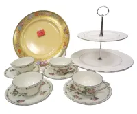 LENOX TWO TIER TIDBIT TRAY, SET OF FOUR JAPANESE TEACUPS, AND JAPANESE HAND PAINTED PAINTED. ONE GLAZE NICK IN TEACUP