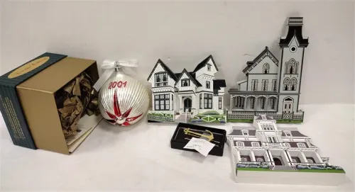 THREE SHEILA'S WOOD HOUSES/CHURCHES, 2000 WATERFORD ORNAMENT WITH BOX, ANCHOR CLIP