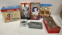 BOX LOT: BLOOD PRESSURE MONITOR, TWO BASEBALL TAPES, HALOGEN LIGHTS, TUBES, SEE PHOTOS, 