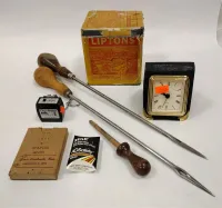 OLD CARDBOARD FRUIT BOX, TWO SAIL OR SADDLE MAKER'S NEEDLES, TIN AND MORE