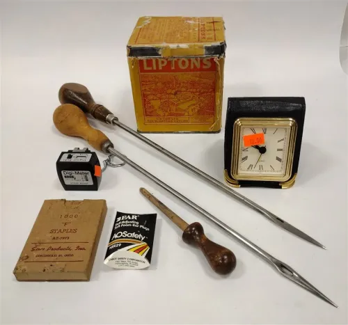 OLD CARDBOARD FRUIT BOX, TWO SAIL OR SADDLE MAKER'S NEEDLES, TIN AND MORE