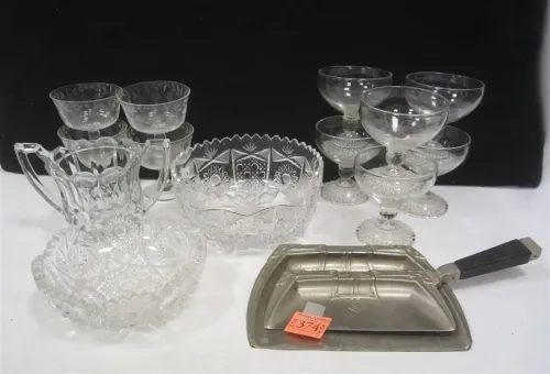 TWO CUT GLASS BOWLS, TEN SHERBETS, SUGAR BOWL, AND OLD CRUMB BUTLER